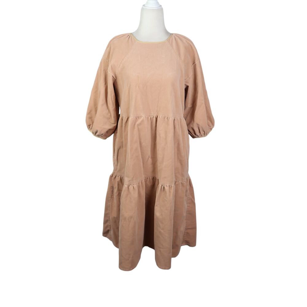 Everlane Tan Corduroy Tiered Puff Sleeve Midi Dress XS